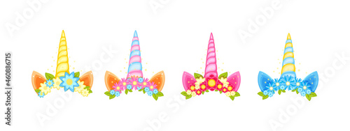 Unicorn tiara set with different flowers, earns and horns.