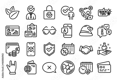 Vector set of Calendar discounts, Air fan and Cardio calendar line icons set. Calendar report, Money wallet and Credit card tag. Eyeglasses, Confirmed and Reject icons. Vector