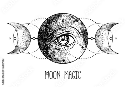 Eye of Providence. Masonic symbol. All seeing eye inside triple moon pagan Wicca moon goddess symbol. Vector illustration. Tattoo, astrology, alchemy, boho and magic symbol. Coloring book.