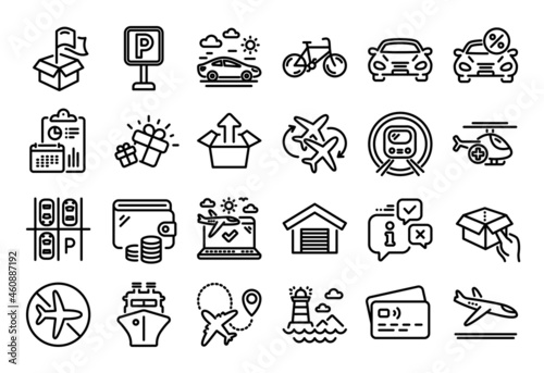 Vector set of Ship, Medical helicopter and Airplane travel line icons set. Calendar report, Money wallet and Credit card tag. Lighthouse, Bicycle and Car leasing icons. Vector