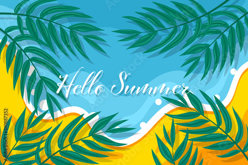 Background with phrase hello summer with beach and small palm leaves.