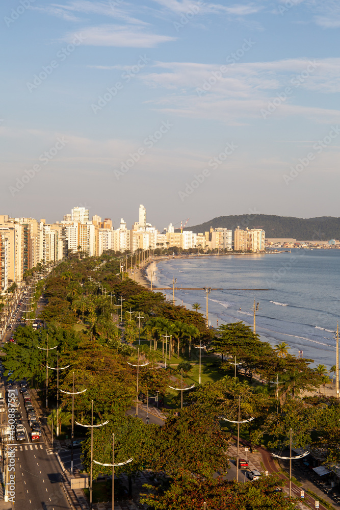 Santos beach panoramic view from above. With a view of Ponta da Praia and a large ship entering the Port of Santos