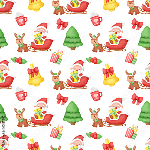 Christmas Santa Clause seamless pattern in watercolor style.