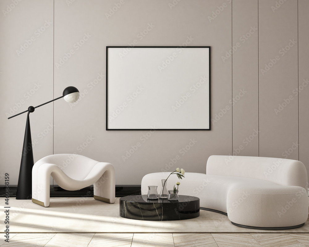 mock up poster frame in modern interior background, living room, Scandinavian style, 3D render, 3D illustration - obrazy, fototapety, plakaty 