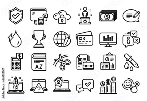 Vector set of Scissors, Approve and Payment line icons set. Calendar report, Money wallet and Credit card tag. Vocabulary, Chemistry pipette and Environment day icons. Vector