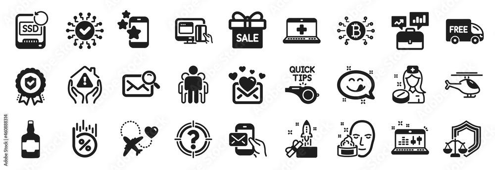 Set of Business icons, such as Online payment, Group, Yummy smile icons. Whiskey bottle, Search mail, Security network signs. Love mail, Face cream, Innovation. Honeymoon travel, Tutorials. Vector