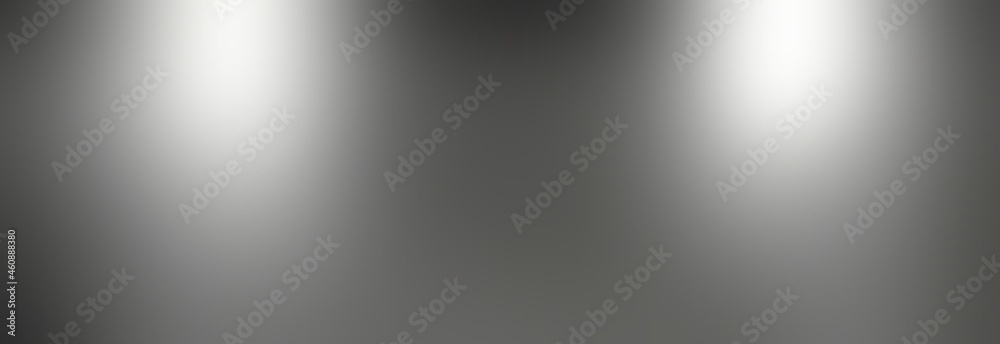 Two spotlights brightly illuminated grey smooth metal surface banner. Glossy textured background.