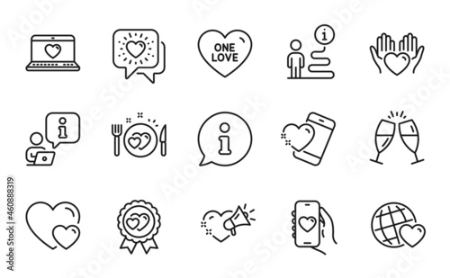 Love icons set. Included icon as Friends chat, Hearts, One love signs. Heart, Friends world, Champagne glasses symbols. Dating app, Web love, Hold heart. Romantic dinner line icons. Vector