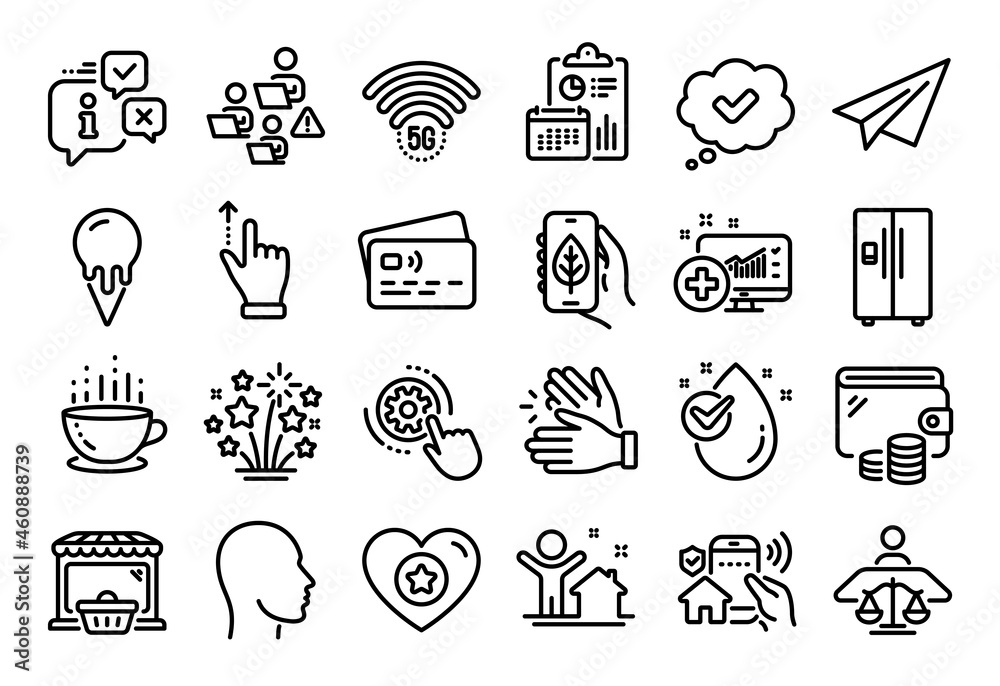 Vector set of Refrigerator, Teamwork and Approved line icons set. Calendar report, Money wallet and Credit card tag. Head, New house and Fireworks stars icons. Vector