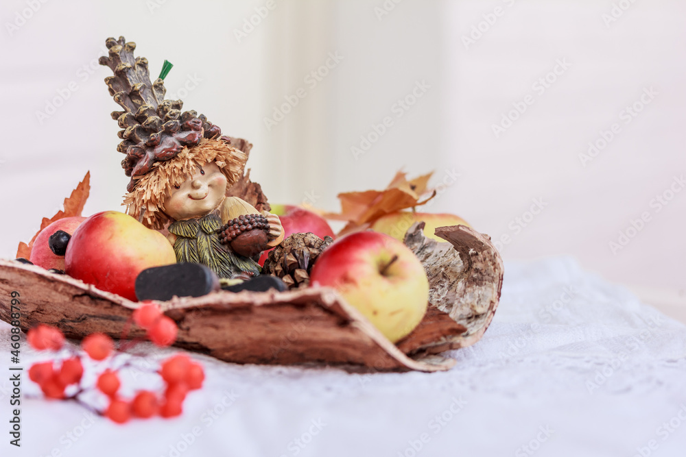 Autumn forest composition. Bark, red apples, autumn leaves, cones and little forest man on white rustic background