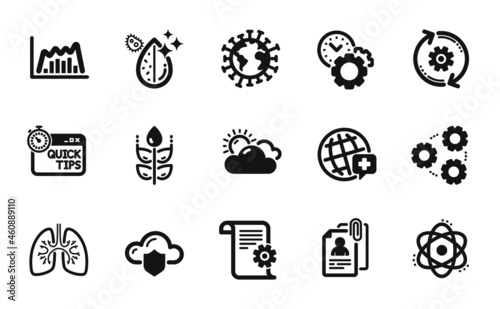 Vector set of Time management, Gluten free and Technical documentation icons simple set. Sunny weather, Cogwheel and Quick tips icons. Time management simple web symbol. Vector