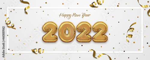 Foil balloon text effect of Happy New Year 2022 with scattered gold confetti on white background. Golden editable text effect. Holiday vector illustration.
