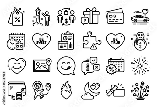 Vector set of Fireworks explosion, Puzzle and Fireworks stars line icons set. Calendar report, Money wallet and Credit card tag. Discount tags, Puzzle time and Heart flame icons. Vector