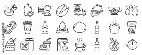 Set of Food and drink icons, such as Ice tea, Cooking hat, Coffee cup icons. Beer bottle, Peanut, Cooking water signs. Water splash, Coffee maker, Food app. Pistachio nut, Medical food. Vector