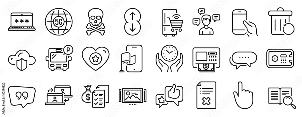 Set of Technology icons, such as Location app, Quote bubble, Safe time icons. Atm, 5g internet, Like signs. Reject file, Search text, Dots message. Hold smartphone, Heart, Refrigerator. Vector