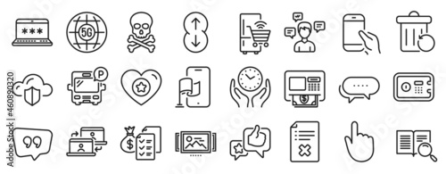 Set of Technology icons, such as Location app, Quote bubble, Safe time icons. Atm, 5g internet, Like signs. Reject file, Search text, Dots message. Hold smartphone, Heart, Refrigerator. Vector