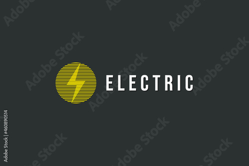 Electric Logo. Yellow Striped Lines Circle Shape with Flash Icon Thunder Bolt Letter S inside isolated on Black Background. Flat Vector Logo Design Template Element for Business and Technology Logos.