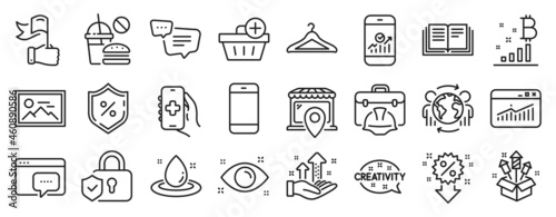 Set of Business icons, such as Smartphone statistics, Photo, Global business icons. Text message, Smartphone, Fireworks rocket signs. Fuel energy, Bitcoin graph, Construction toolbox. Vector