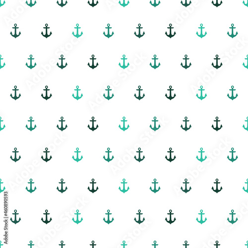 White seamless pattern with grenn  tiny anchors.