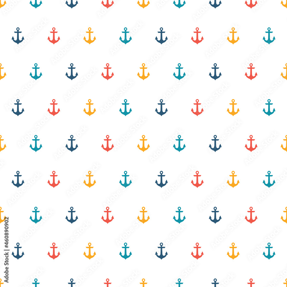 White seamless pattern with colorful tiny anchors.