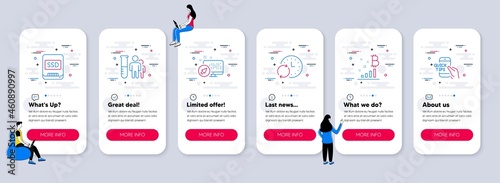 Set of Science icons, such as Ssd, Medical analyzes, Update time icons. UI phone app screens with teamwork. Bitcoin graph, Web system, Education line symbols. Vector