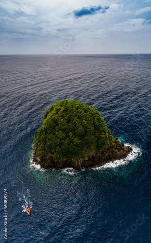Aerial view of Rocher du Diamant, a lush green islet in Martinique, surrounded by the deep blue Caribbean Sea