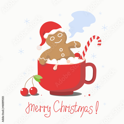 Christmas vector illustration. Gingerbread man in a cup. Traditional holiday sweets. Cookies and candy. Merry Christmas hand-drawn text. Isolated background.