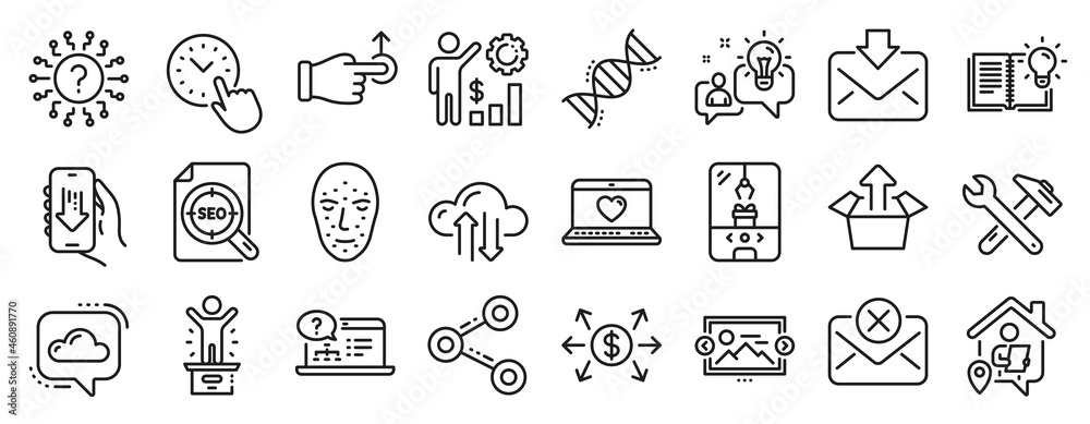 Set of Technology icons, such as Product knowledge, Crane claw machine, Work home icons. Incoming mail, Image carousel, Time management signs. Dollar exchange, Chemistry dna, Spanner tool. Vector
