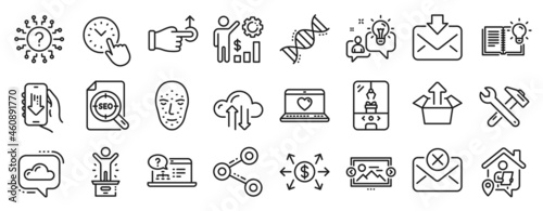 Set of Technology icons, such as Product knowledge, Crane claw machine, Work home icons. Incoming mail, Image carousel, Time management signs. Dollar exchange, Chemistry dna, Spanner tool. Vector