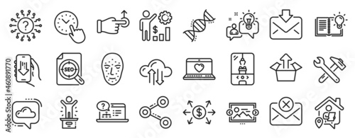 Set of Technology icons  such as Product knowledge  Crane claw machine  Work home icons. Incoming mail  Image carousel  Time management signs. Dollar exchange  Chemistry dna  Spanner tool. Vector