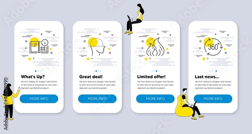 Set of Science icons, such as Fire energy, Face scanning, Instruction info icons. UI phone app screens with people. 360 degree line symbols. Flame, Faces detection, Project. Virtual reality. Vector