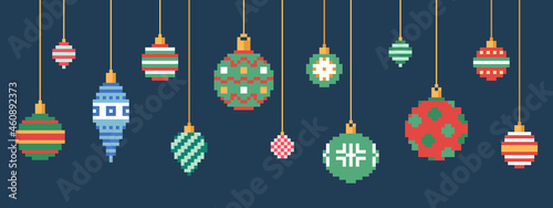 Pixel art Christmas ornaments set. Vector 8 bit style collection of Christmas bauble toys decorations. Isolated elements of retro video game computer graphic.
