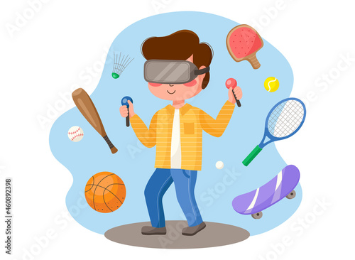 Boy playing sports simulators with virtual reality headset. Vector cute cartoon illustration of male character enjoying virtual video game in vr headset. Sports simulators and other home activities.