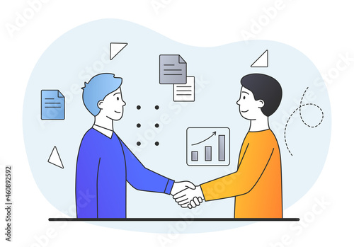 Men shake hands. Acquaintance, greeting, politeness. Businessmen secured deal, contract was concluded. Company partnership concept. Cartoon flat vector illustration isolated on white background
