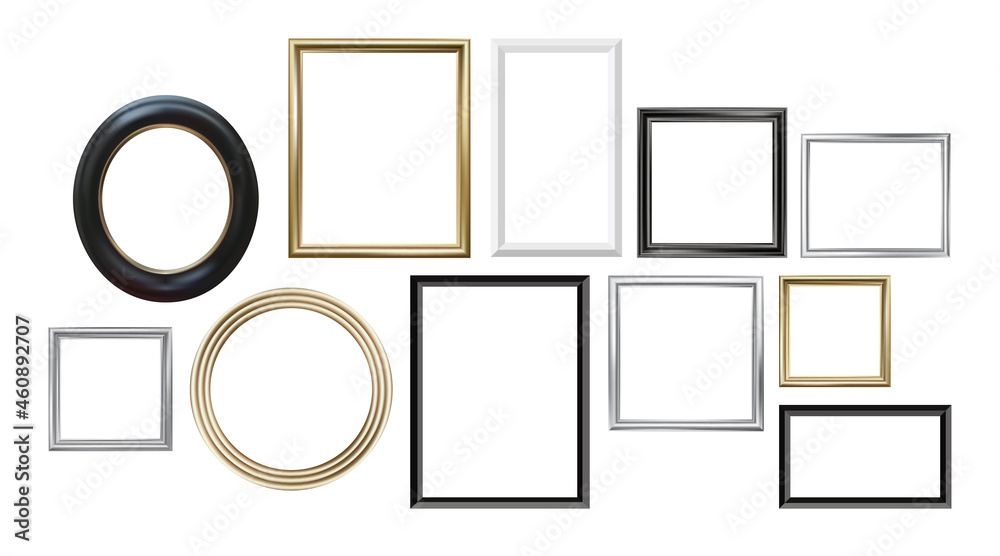 Set of different picture frames isolated on white background. Gold, silver, wood. Square, rectangle, oval, circle format. Vector illustration, EPS 10 Set of different picture frames isolated on white background. Gold, silver, wood. Square, rectangle, oval, circle format. Vector illustration, EPS 10