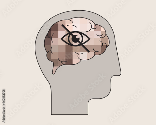 Nymphomaniac concept. Thinking about sex, sensitive content. Vector illustration of human head with blurred background and adults content