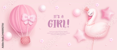 Baby shower horizontal banner with cartoon hot air balloon, swan, helium balloons and flowers on pink background. It's a girl. Vector illustration