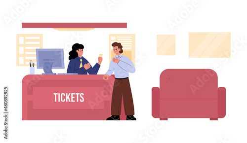Cinema ticket office with cashier and visitor flat vector illustration isolated.