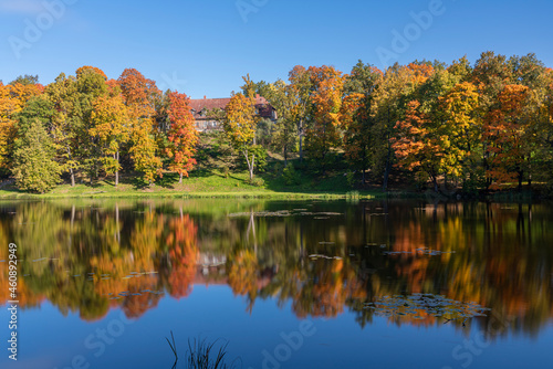 Latvia, Smiltene, Old park surrounded by autumn colors