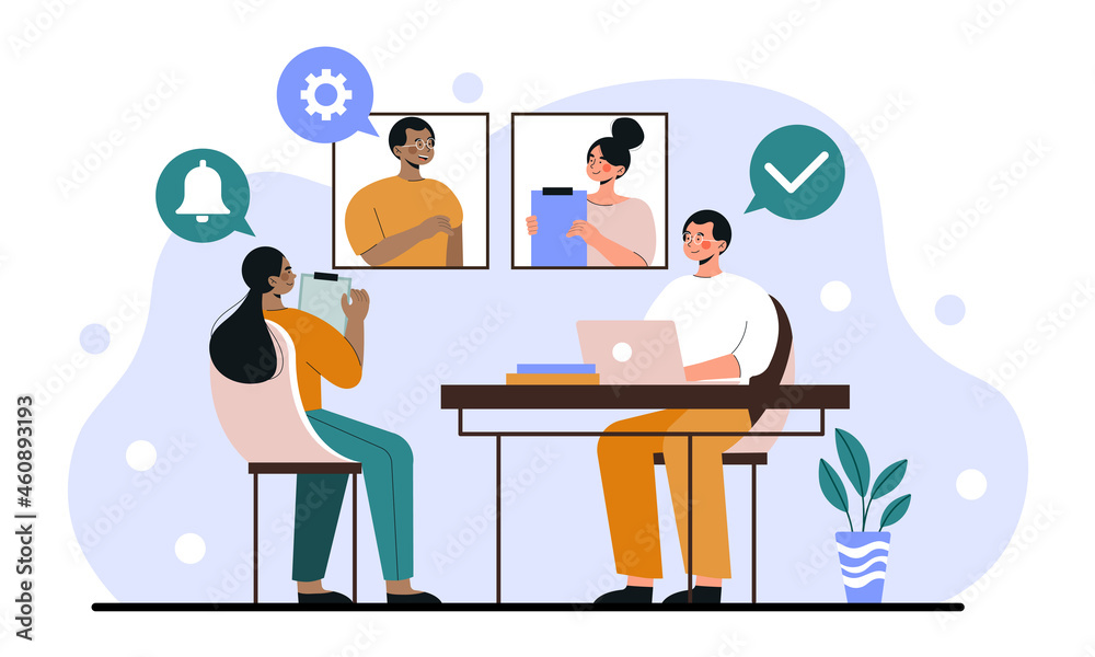 Online work conference. Man and woman communicate on video call, employees developing application. Discussion of design concept. Cartoon flat vector illustration isolated on white background Online work conference. Man and woman communicate on video call, employees developing application. Discussion of design concept. Cartoon flat vector illustration isolated on white background