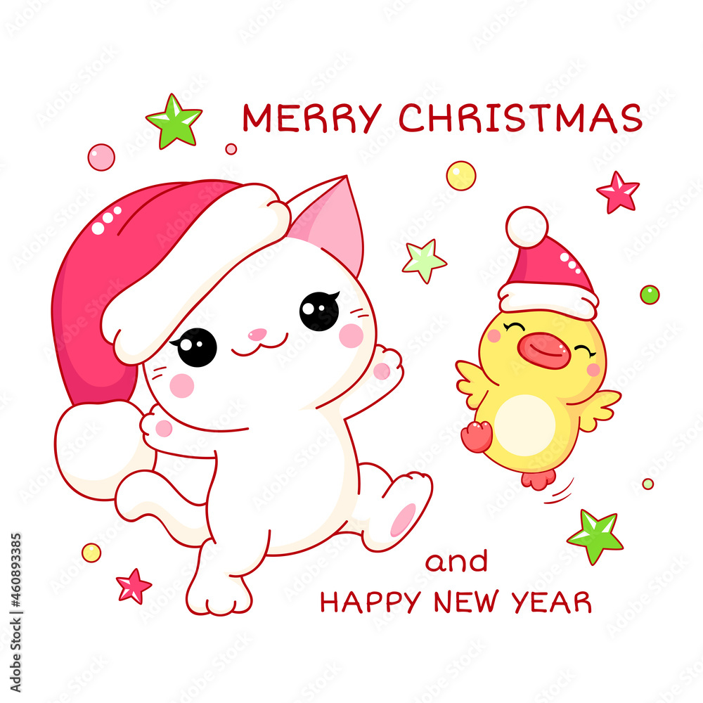 Square greeting Christmas card with kawaii cat and duckling. Two cute friends kitten and duck In Santa hats. Inscription Merry Christmas and Happy New Year. Vector illustration EPS8