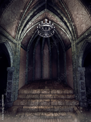 Dark gothic corridor in an old cathedral with a hanging lamp with candles. 3D render.