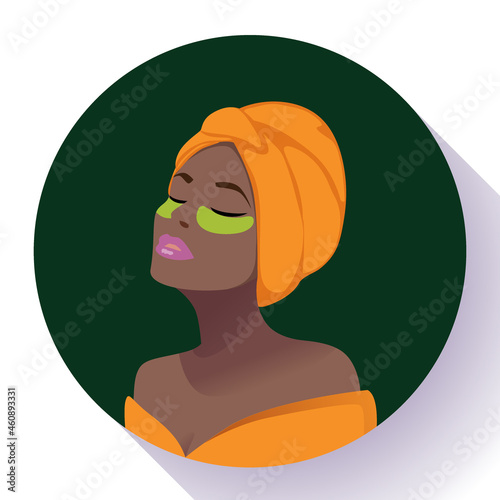 Afro american woman with dark skin Relaxed in Spa, with Facial cosmetic Mask or patches under the eyes Beauty Treatments vector icon