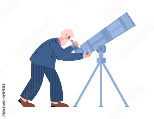 Bearded astronomer looking through telescope flat vector illustration isolated.