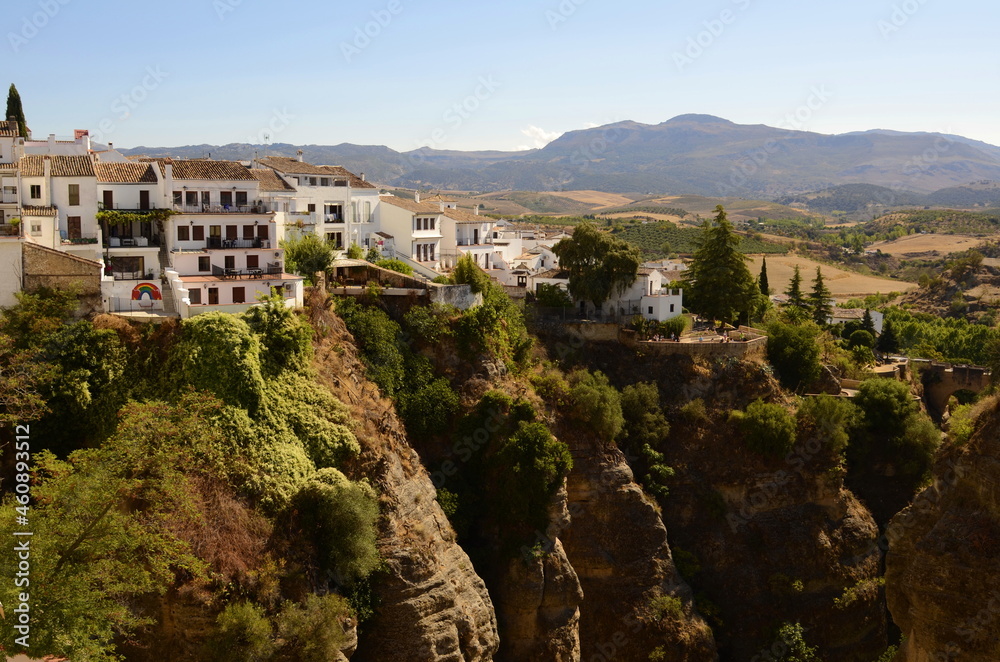 Rhonda. Andalusia. Spain. Town on the rocks, white traditional houses over the cliff. Serrania de Ronda.
