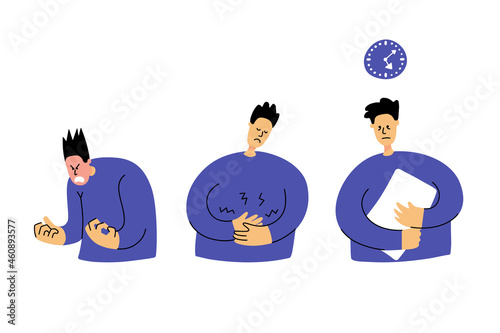 Set of unhappy sad men with a bad mood, suffering from anger, stomach ache, insomnia. Negative phisycal states and problems. Causes of stress and depression. Flat vector illustration isolated on white