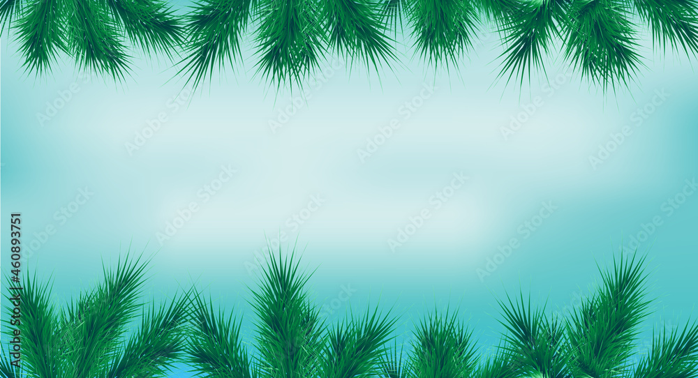 Christmas frame with fir tree branches up and down blue