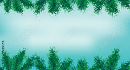 Christmas frame with fir tree branches up and down blue