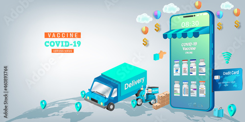 Vaccine on Mobile Application , Covid-19 vaccine Online on Website or smartphone as protection, healthcare concept, Vector illustration.