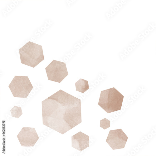 Many polygons of different sizes painted with paints, watercolor texture. White background.